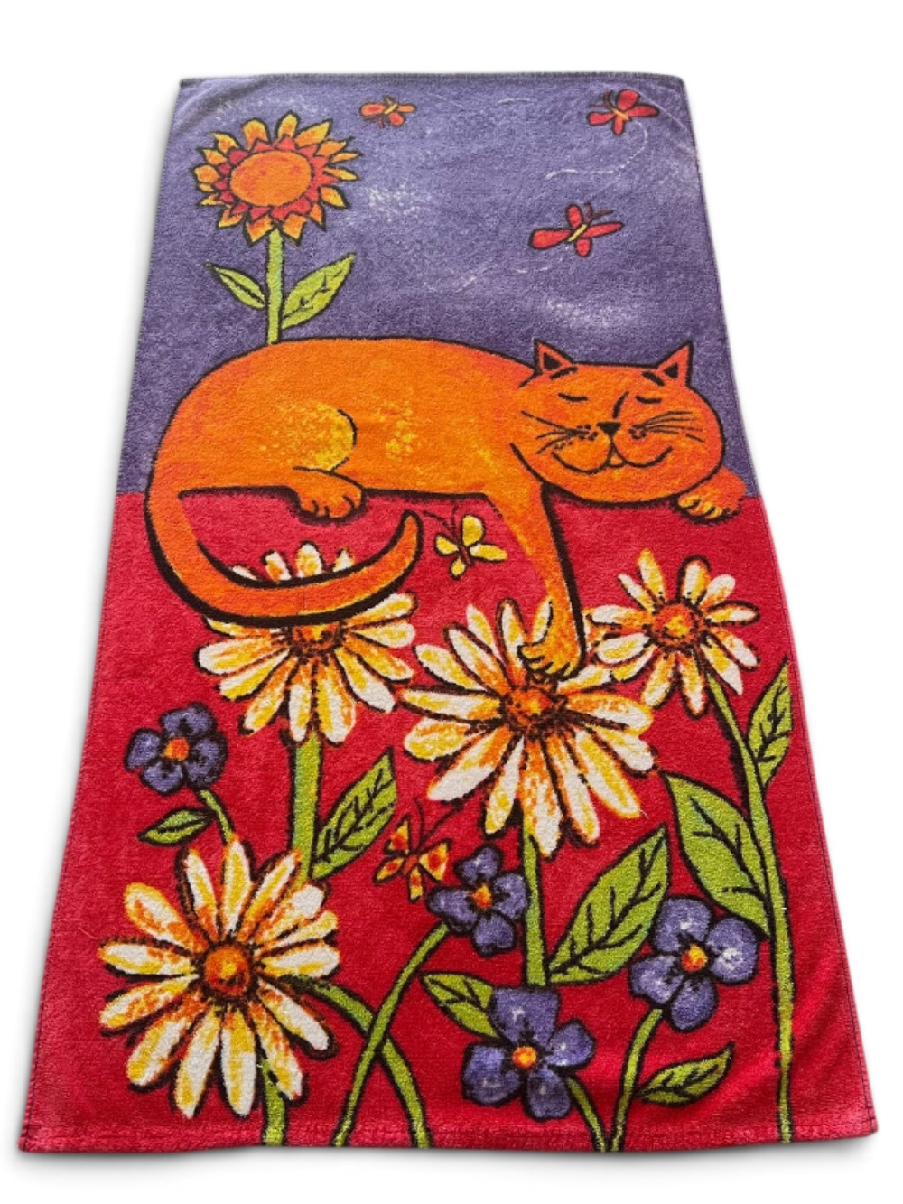 Vintage Y2K Cotton Orange Cat Beach Towel Flowers Butterflies Whimsy Colorful